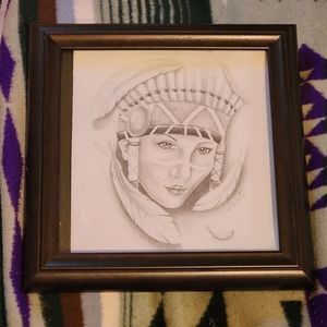 Native American drawing in wooden fram